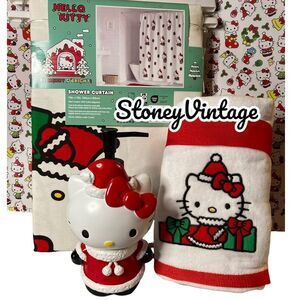 Hello kitty Christmas Shower Curtain, dispenser and hand towel set
